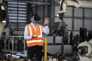 worker experiences virtual reality safety training in facility